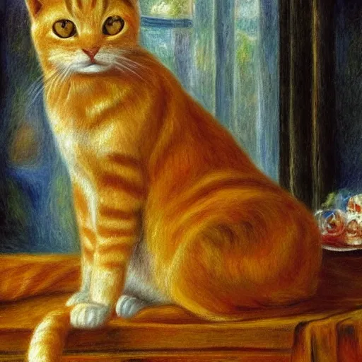 Image similar to a golden cat sitting on a throne in a modern kitchen in the style of renoir,