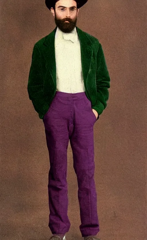 Prompt: a young man of caucasian appearance with a chin - style brown beard without mustache in a black hat, green jacket, purple pants and white sneakers in full height, perfect face