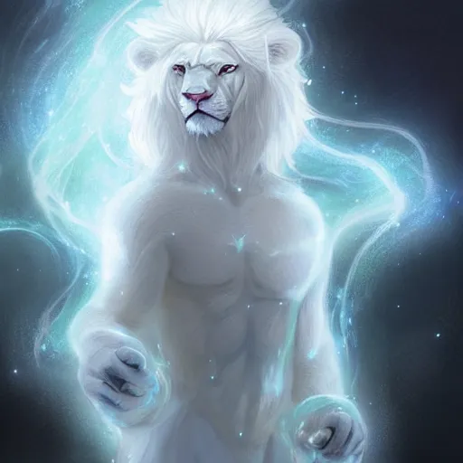Prompt: aesthetic portrait commission of a albino male furry anthro lion surrounded by small glowing sparkles and wearing white glowing cloak in an empty pitch black room illuminated by the glowing cloak, Character design by charlie bowater, ross tran, artgerm, and makoto shinkai, detailed, inked, western comic book art, 2021 award winning painting
