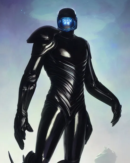 Image similar to iridescent sinewy smooth muscular male sleek glossy black pearlescent scifi armor with smooth black featureless helmet, by greg rutkowski and mark brookes and jim burns and tom bagshaw and magali villeneuve, trending on artstation