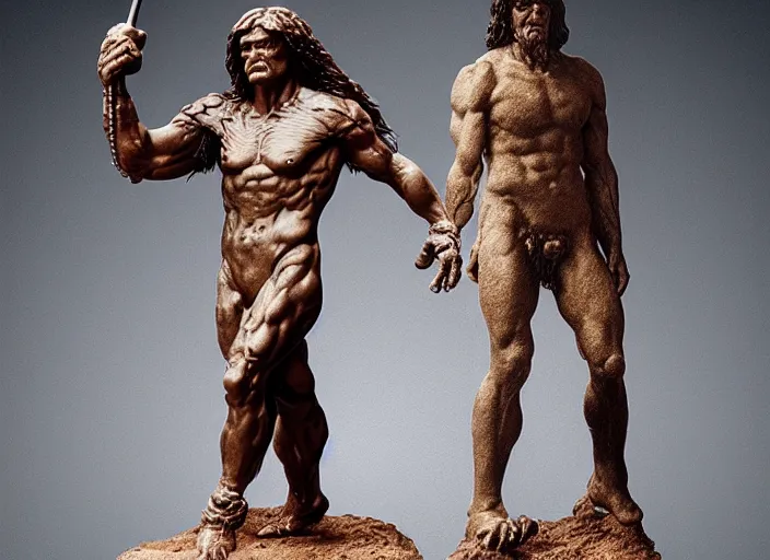 Image similar to a full figure rubber sculpture of a small conan the barbarian standing in front of a giant golem, by Michelangelo, dramatic lighting, rough texture, subsurface scattering, wide angle lens