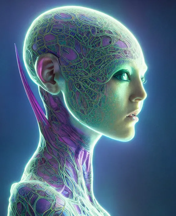 Image similar to intricate fluorescent portrait of a disturbing beautiful alien insect creature, mottling coloring, adorable, childlike, medical equipment hospital environment, ultra realistic, concept art, art nouveau, photorealistic, octane render, 8 k, unreal engine. art by christopher marley and artgerm and greg rutkowski and alphonse mucha