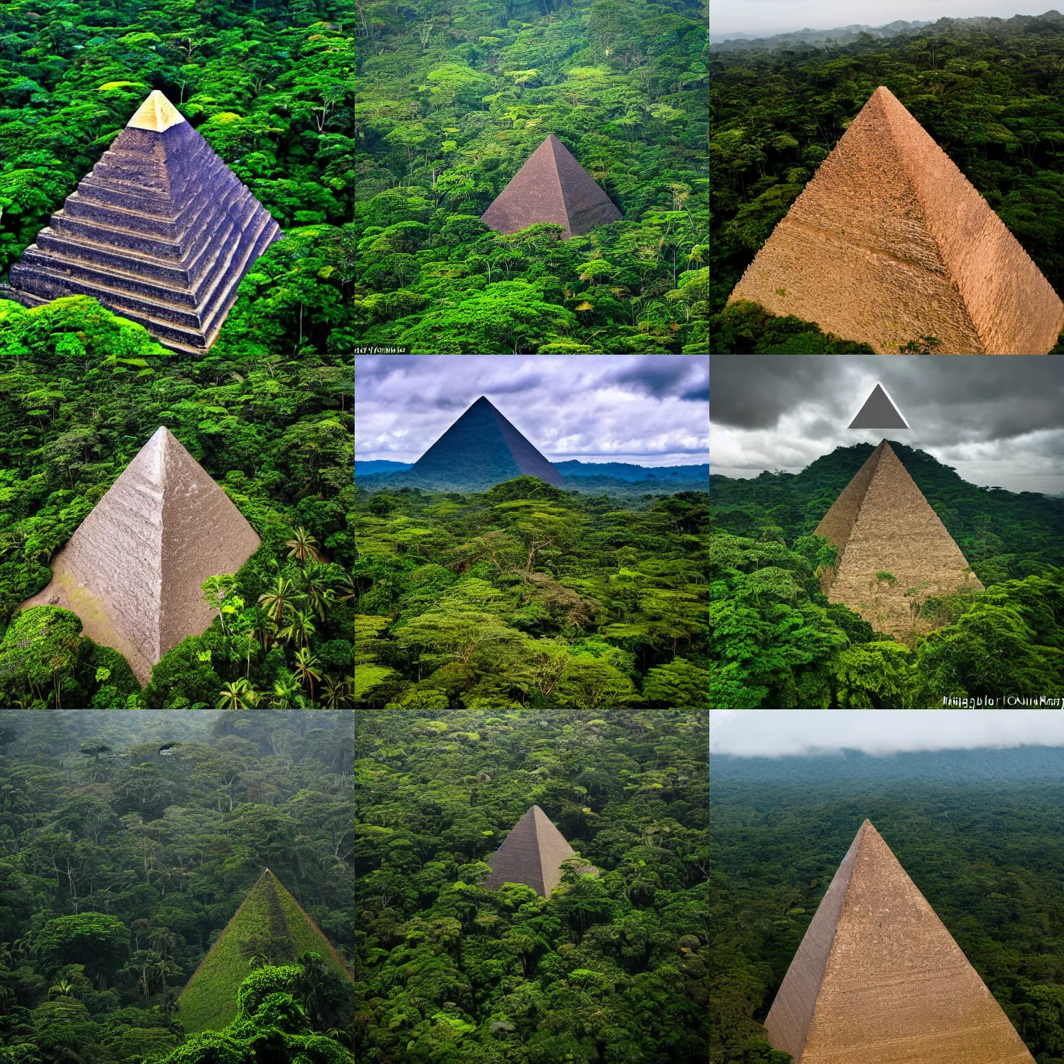 Prompt: A pyramid in a South American rainforest. The photo is from the top of the pyramid looking out toward the horizon, award winning landscape photography