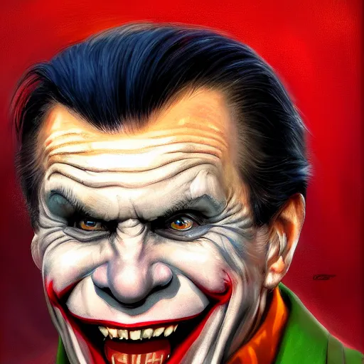 Prompt: uncanny portrait of kenneth copeland as the joker laughing, by jon mcnaughton zdzisław artstation