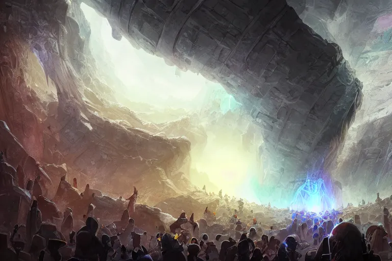 Image similar to a line of people entering a huge dimensional portal, digital painting, mixed media, trending on artstation and deviantart, epic composition, highly detailed, 8 k