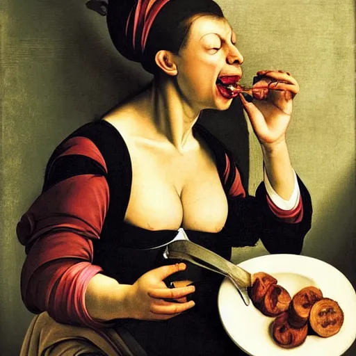 Image similar to woman eating a banana in style of caravaggio