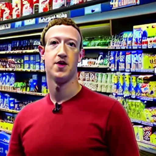 Prompt: cctv footage of mark zuckerberg holding a shotgun in a convenient store