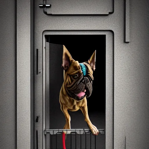 Image similar to dog staying on bottom legs near door with gate value, concept art, trending on artstation, highly detailed, intricate, sharp focus, digital art, 8 k