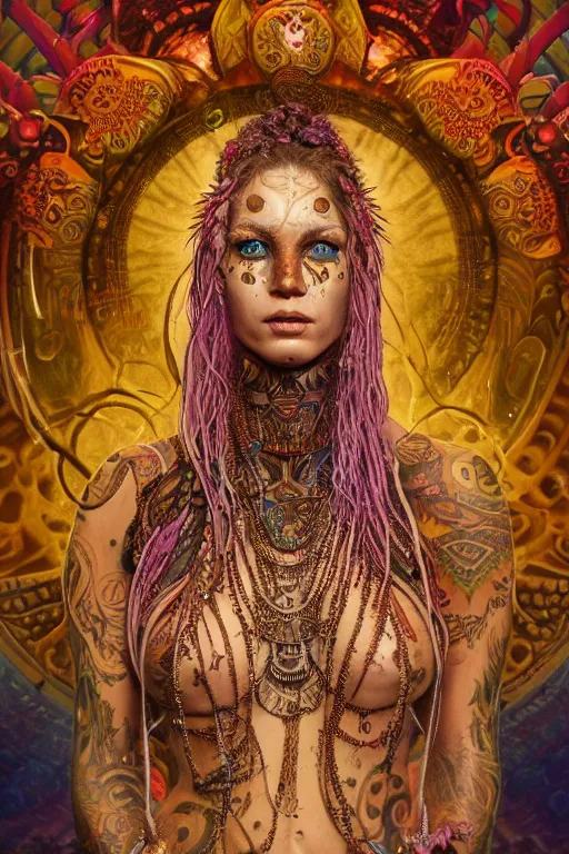 Prompt: a centered render of an mytical festival hippy with tribal tattoos wearing intricate metallic clothing surrounded by a underwater ink pour and flowing liquid gallium and sacred geometry, perfect body and face, gorgeous, cinematic, beautifully lit, by peter kemp, by karol bak, by donato giancola, 3 d, trending on artstation, octane render, 8 k