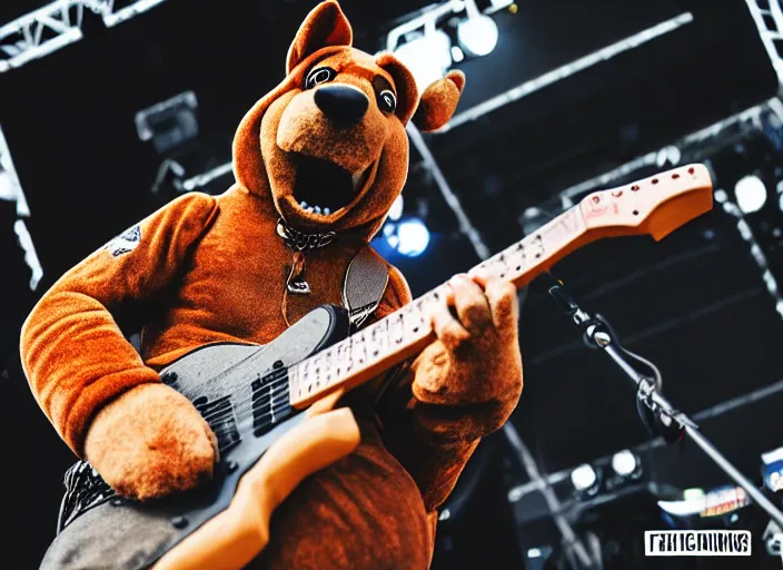 Image similar to photo still of mcgruff the crime dog on stage at vans warped tour!!!!!!!! at age 3 3 years old 3 3 years of age!!!!!!!! shredding on guitar, 8 k, 8 5 mm f 1. 8, studio lighting, rim light, right side key light