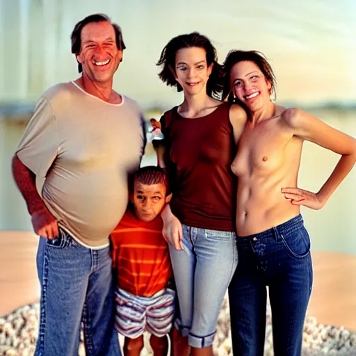 Image similar to portrait of a happy family at the beach wearing clothes, outdoor lighting, realistic, smooth face, perfect eyes, wide angle, sharp focus, high quality, professional photography, photo by annie leibovitz, mark mann