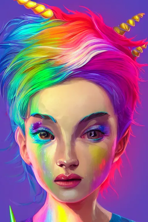 Image similar to a girl with rainbow hair, unicorn horns, portrait, rim light, fresh colors, gradients, highly detailed, digital illustration, concept art, smooth, sharp focus,