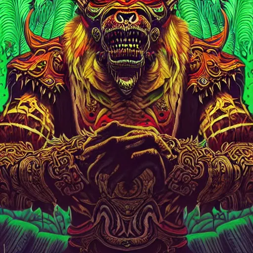 Image similar to barong family member with face and hands crossed, wiwek, mara demon, one single tribe member, jungle, one single mask, dark, ancient warrior, gorilla, lizard, tribal, inner glow, art by dan mumford and justin gerard