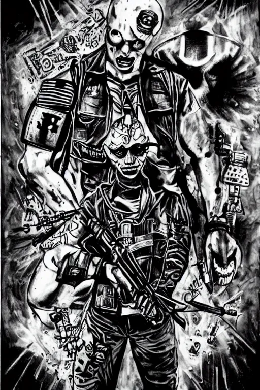 Prompt: a paranormal soldier, ouija tattoo on face, emp weapons strapped in shoulders, horror sci - fi black and white, art by kevin eastman