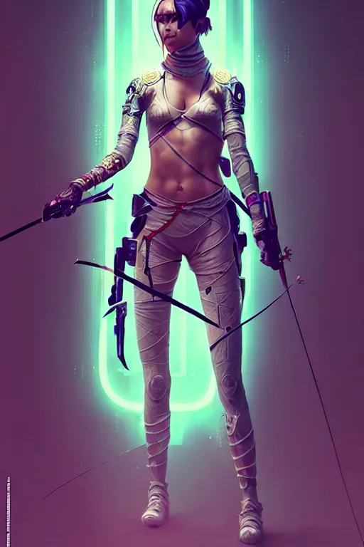 Image similar to female archer, cyberpunk futuristic neon. fencing, long sword in her hand, decorated with traditional japanese ornaments by ismail inceoglu dragan bibin hans thoma greg rutkowski alexandros pyromallis nekro rene maritte illustrated, perfect face, fine details, realistic shaded, fine - face, pretty face, masterpiece