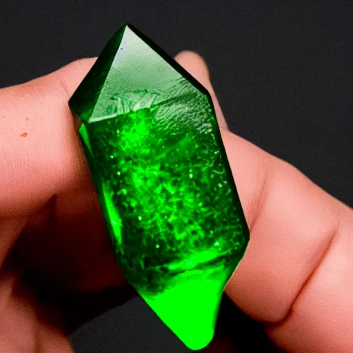 Image similar to a small glowing green shard of kryptonite held between the index finger and thumb of a black - gloved hand, black background