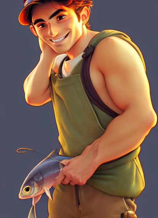 Image similar to cute fisherman chris mears, natural lighting, path traced, highly detailed, high quality, digital painting, by don bluth and ross tran and studio ghibli and alphonse mucha, artgerm