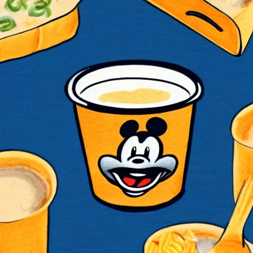 Prompt: a hand drawn disney illustration of a box of mac and cheese holding a cup of coffee