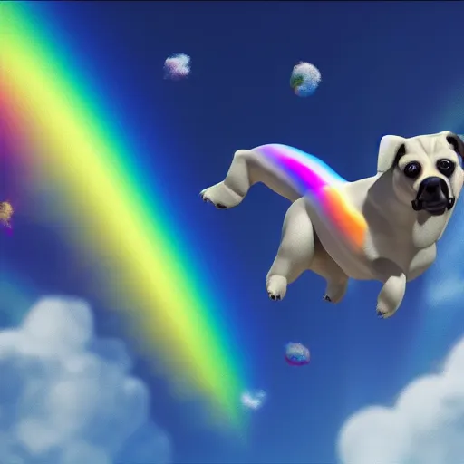 Image similar to 3d model of a dog flying in space farting a rainbow, octane render, 8k, hyper realistic