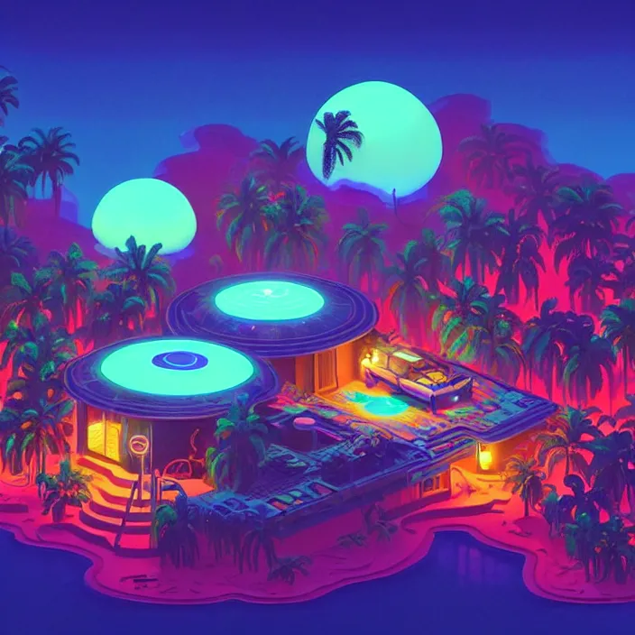 Image similar to a bioluminescent neon tropical cottage by paolo eleuteri serpieri and tomer hanuka and chesley bonestell and daniel merriam and tomokazu matsuyama, unreal engine, high resolution render, featured on artstation, octane, 8 k, highly intricate details, vivid colors, vector illustration