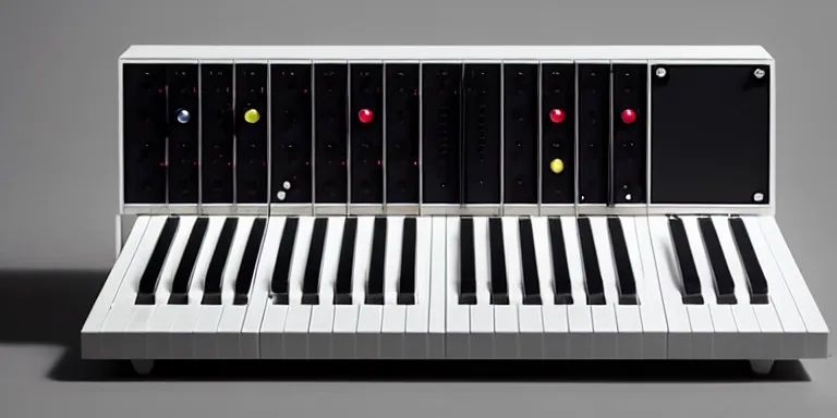 Prompt: dezeen showroom , minimalissimo, archdaily, , teenage engineering moad, mother of all decks, product design concept,product shot of moog melotron synthesizer designed by jony ives, dieter rams, 8k, highly detailed photo