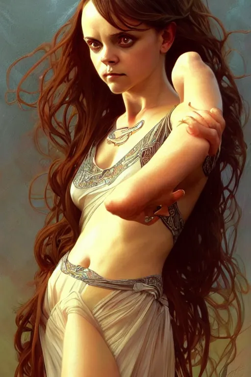 Image similar to angels that look like christina ricci dancing with snakes, fantasy, amber eyes, face, long hair, intricate, elegant, highly detailed, digital painting, artstation, concept art, smooth, sharp focus, illustration, art by artgerm and greg rutkowski and alphonse mucha