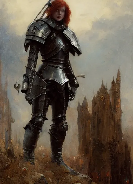 Image similar to young smiling redhead wearing black medieval armour, detailed, by gaston bussiere, bayard wu, greg rutkowski, giger, maxim verehin, greg rutkowski, masterpiece, sharp focus, cinematic lightning