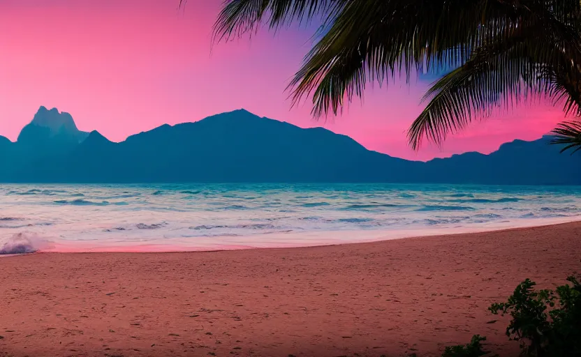 Image similar to beatiful landscape of the beach and mountains behind, vaporwave, sunset, photo