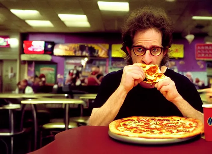 Prompt: cinematic portrait of charlie kaufman eating pizza at chuck - e - cheese, with sloppy cheesy sauce getting slopped up all over the place, dramatic lighting, moody film still from being john malkovich ( 2 0 1 6 ), 3 5 mm kodak color stock, detailed face, 2 4 mm lens, directed by spike jonze, ecktochrome