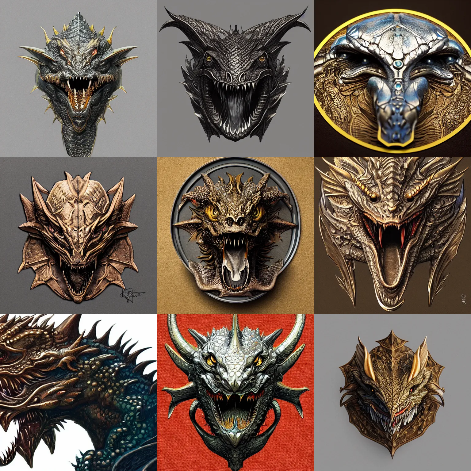 Prompt: flat metal decorative dragon monster head low - relief badge, highly detailed, digital painting, artstation, concept art, smooth, sharp focus, illustration, artstation, art by giger and greg rutkowski and hikari shimoda and edmund blair leighton and charlie bowater