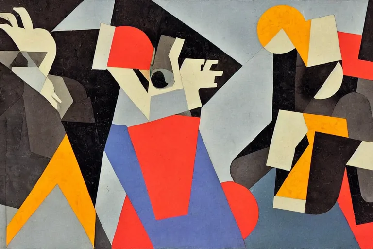 Image similar to Two figures facing camera, they are fighting very angry, Chaotic, paper collage, style of Juan Gris, abstract