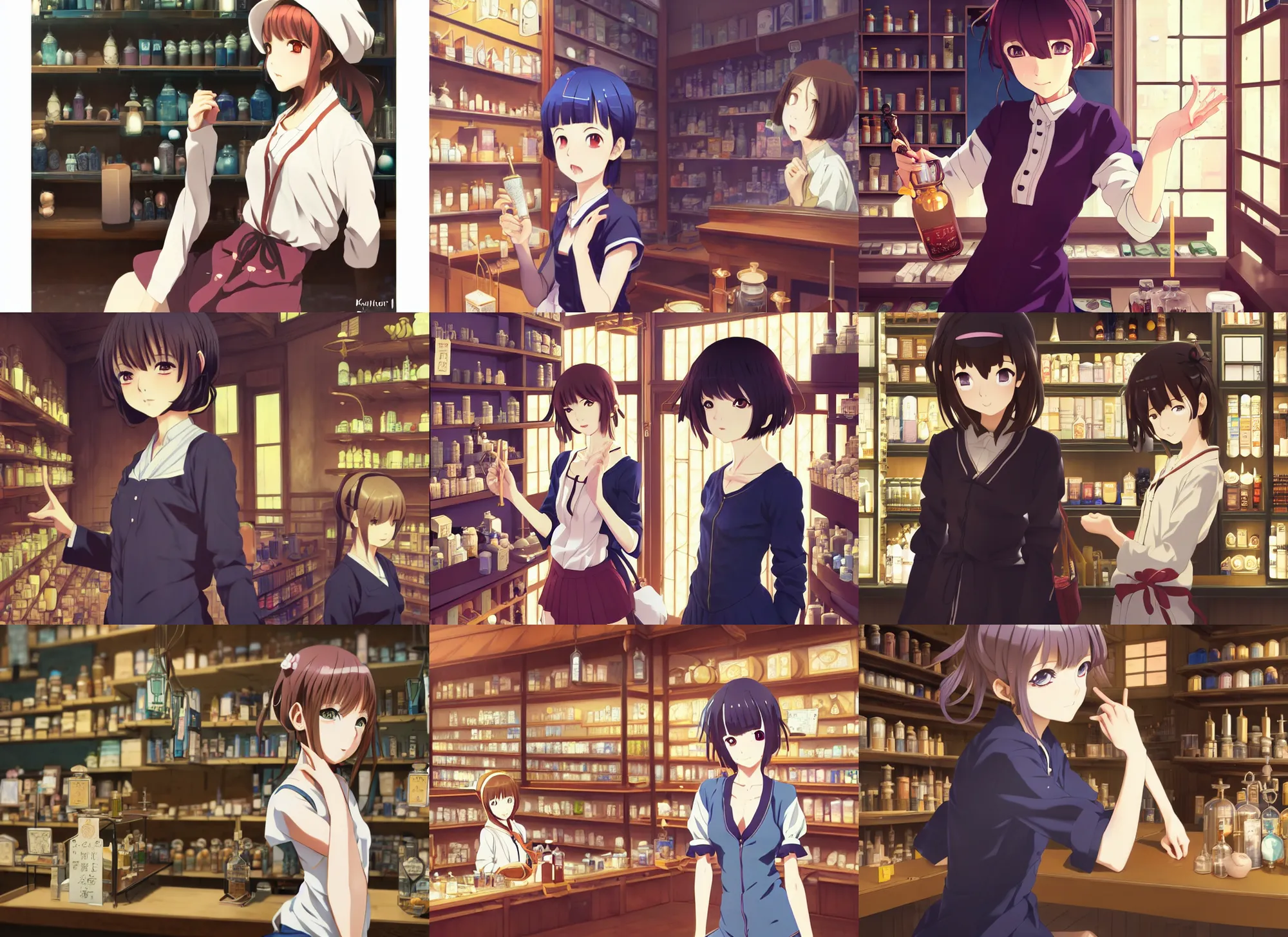 Prompt: anime visual, portrait of a young female traveler in a alchemist's potion shop interior shopping, cute face by ilya kuvshinov, yoh yoshinari, makoto shinkai, katsura masakazu, dynamic pose, dynamic perspective, cel shaded, flat shading mucha, crisp and sharp, rounded eyes, moody, detailed facial features, blue, hdr