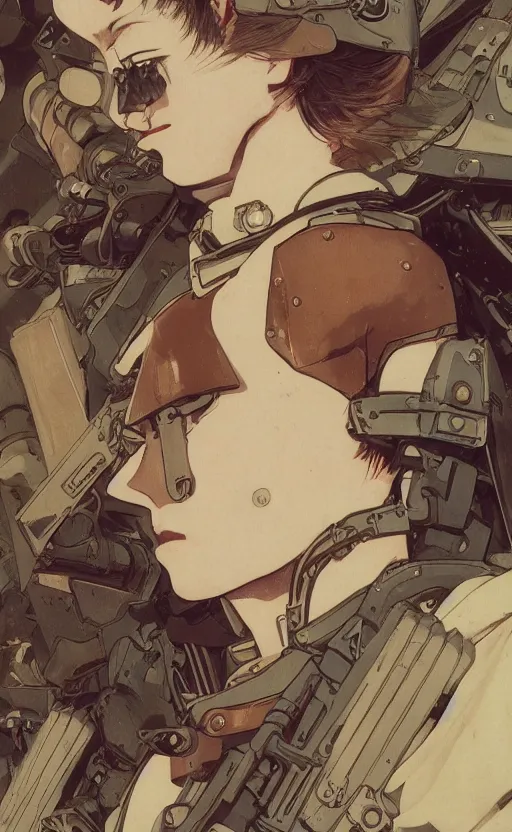 Image similar to side portrait mechanized valkyrie, anime style, world war 2, vintage clothing, spread wings, short hair, hair down, symmetrical facial features, from arknights, hyper realistic, 4 k, rule of thirds, extreme detail, detailed drawing, safebooru, hd, d & d, realistic lighting, by alphonse mucha, greg rutkowski, backlit