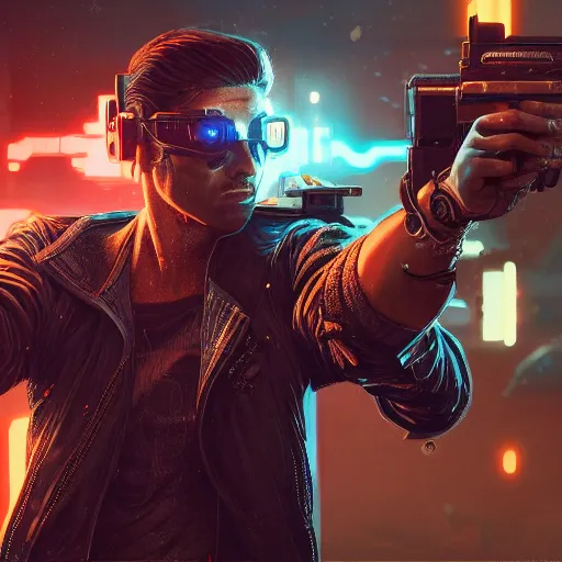 Prompt: close up illustration of a cyberpunk gunslinger pointing his gun shooting bullets, very detailed, 8 k, by greg rutkowski,