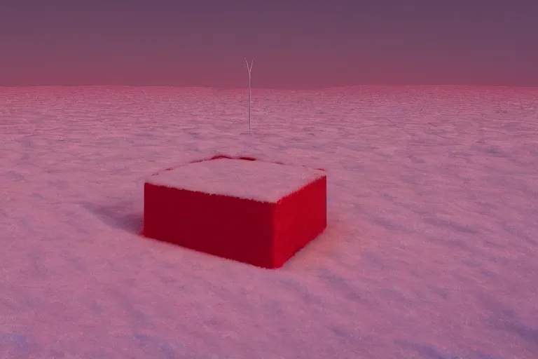 Image similar to a red cube buried in snow, surreal frozen landscape, 8 k, cinematic lighting, by beeple and zdzisław beksinski