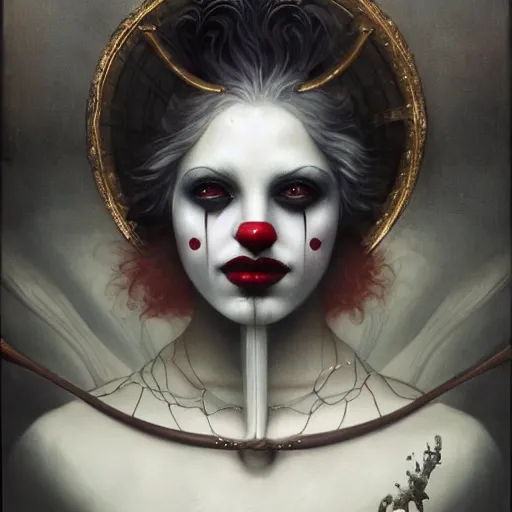 Image similar to By Tom Bagshaw, ultra realist soft painting of a curiosities carnival by night, Female Clown dressed, horror, omnious sky, symmetry accurate features, very intricate details, black and white, volumetric light clouds