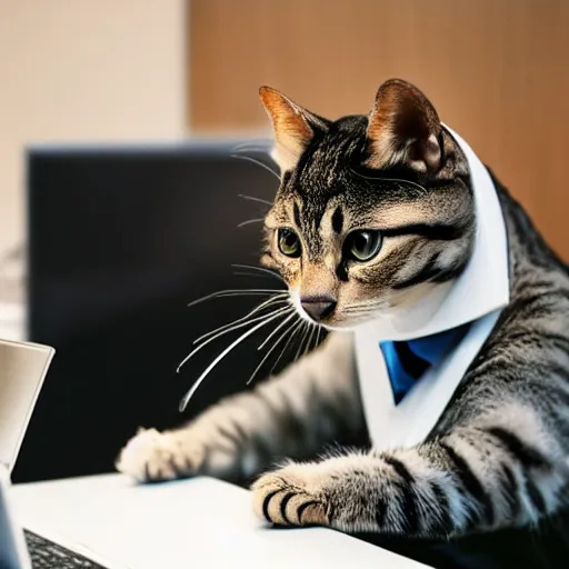 Prompt: realistic photo of an anthropomorphic cat wearing a business suit using a computer in an office