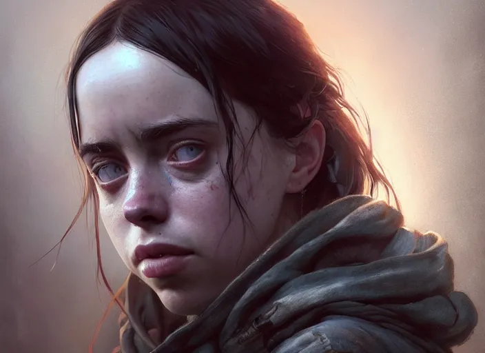 Image similar to highly detailed portrait of billie eilish, in the last of us, stephen bliss, unreal engine, fantasy art by greg rutkowski, loish, rhads, ferdinand knab, makoto shinkai and lois van baarle, ilya kuvshinov, rossdraws, tom bagshaw, global illumination, radiant light, detailed and intricate environment