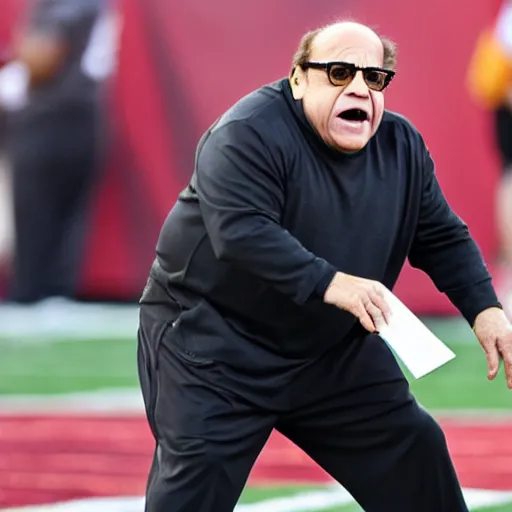 Image similar to danny devito as a nfl football coach, angry, clipboard