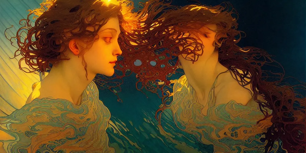 Image similar to transcendent mind bending indigo waves of glossy psychedelic liquid honey flowing like kaleidoscopic translucent amber, lsd waves, honey ripples, enlightenment, dramatic professional lighting, refracted sunset lighting, art by collier, albert aublet, krenz cushart, artem demura, alphonse mucha