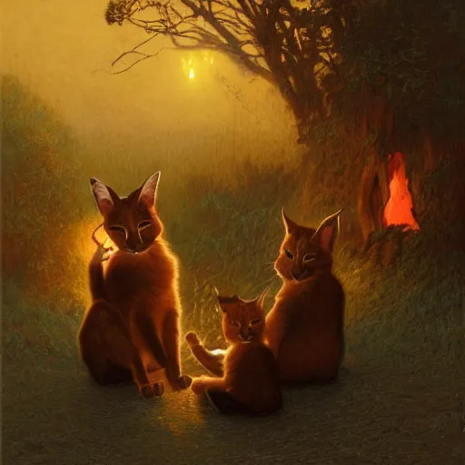 Image similar to three cute caracals wearing red ties with guitar, campfire, night, atmospheric lighting, intricate, volumetric lighting, digital art, highly detailed by gaston bussiere, craig mullins, j. c. leyendecker 8 k