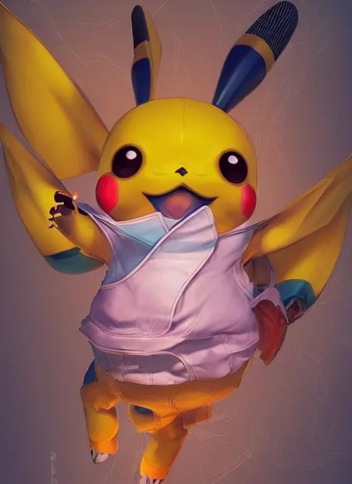 Prompt: colourful caricature - 3 d vfx art - of pikachu, art style by james jean & hsiao - ron cheng, character concept art, unreal engine render, digital illustration, sharp, intricate detail, volumetric light, ray tracing, soft light, symmetric, pinterest, artstation, behance,