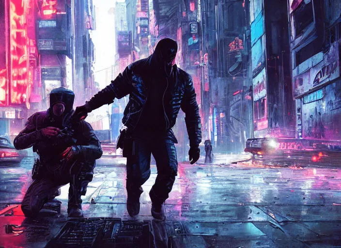 Image similar to ezra evades sgt griggs. cyberpunk hacker escaping menacing cops ( blade runner 2 0 4 9, dystopian, cyberpunk 2 0 7 7 character design ). epic painting by james gurney and laurie greasley, oil on canvas. cinematic, hyper realism, realistic proportions, anatomy, dramatic lighting, high detail 4 k