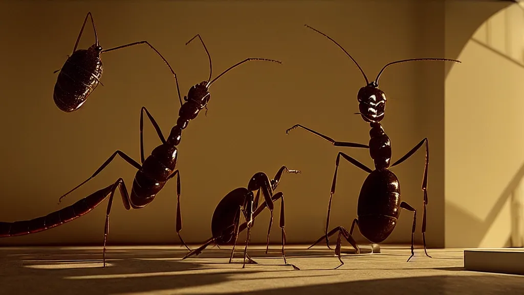 Image similar to the giant ant in the living room, film still from the movie directed by Denis Villeneuve with art direction by Salvador Dalí, wide lens