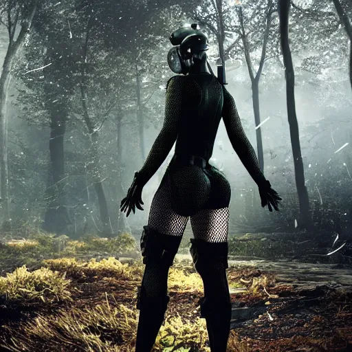 Prompt: A girl in fishnet stockings and power armor stands against the background of a radioactive forest, graphics, fallout 4 render, 3d computer render, maximum details, rain, night, spotlight,