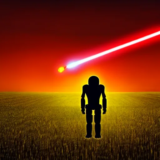 Image similar to detailed alien standing in field, with red lightsaber, gloomy nemobo at sunset