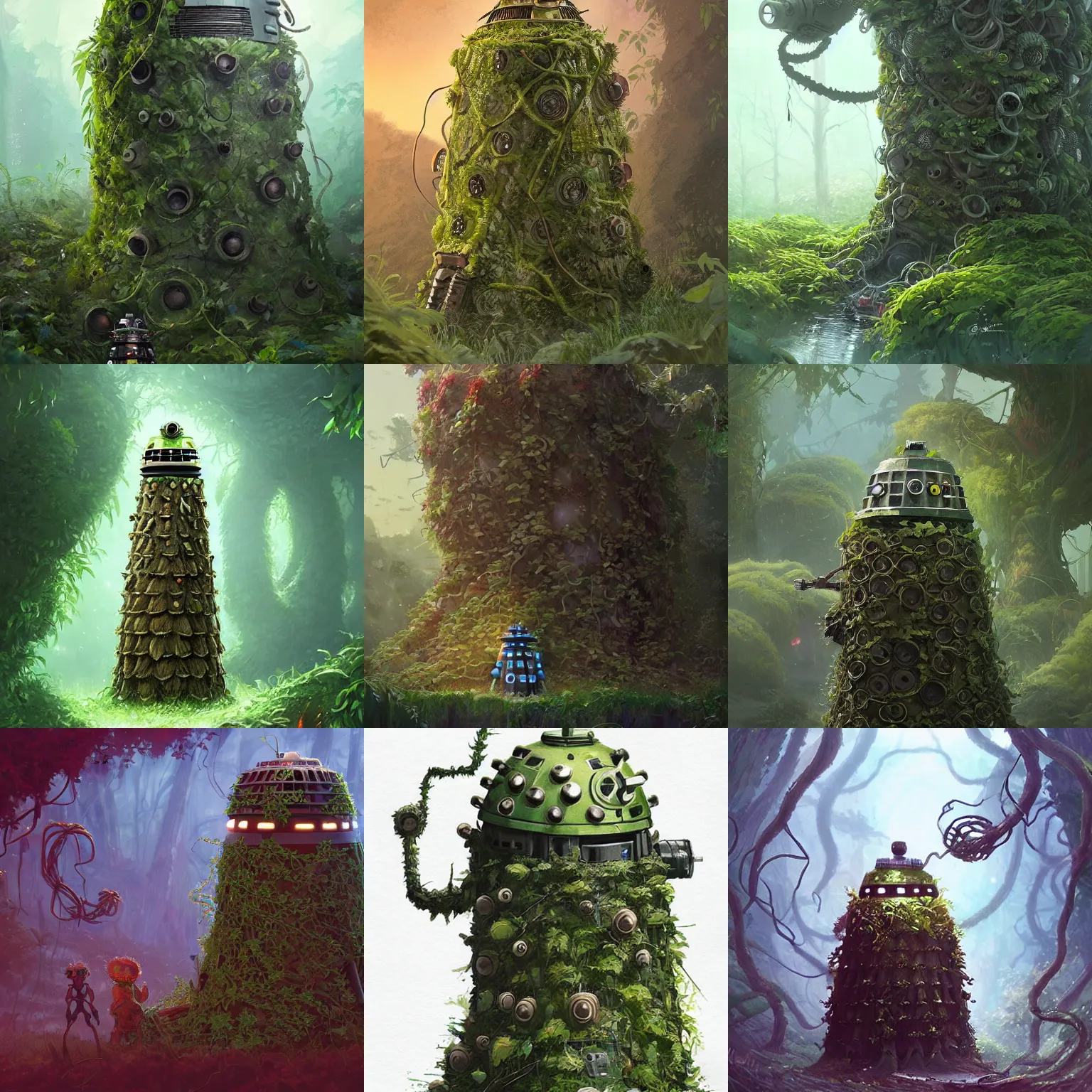 Prompt: Naturecore Dalek covered in vines by Studio Ghibli and Greg Rutkowski, artstation