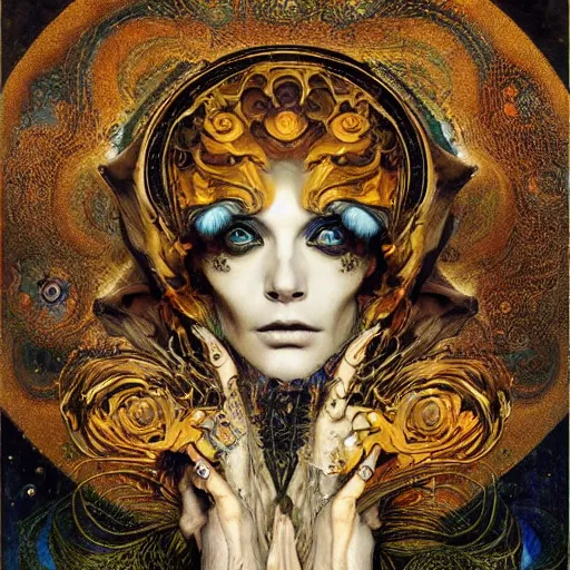 Image similar to Memento Mori by Karol Bak, Jean Deville, Gustav Klimt, and Vincent Van Gogh, beautiful visionary mystical portrait, otherworldly, fractal structures, ornate gilded medieval icon, third eye, spirals, beautiful ornate jeweled skull