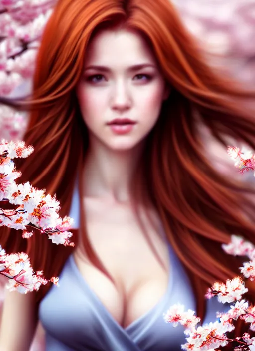 Image similar to photo of a gorgeous female with auburn hair in the style of stefan kostic, realistic, half body shot, sharp focus, 8 k high definition, insanely detailed, intricate, elegant, art by stanley lau and artgerm, extreme blur cherry blossoms background