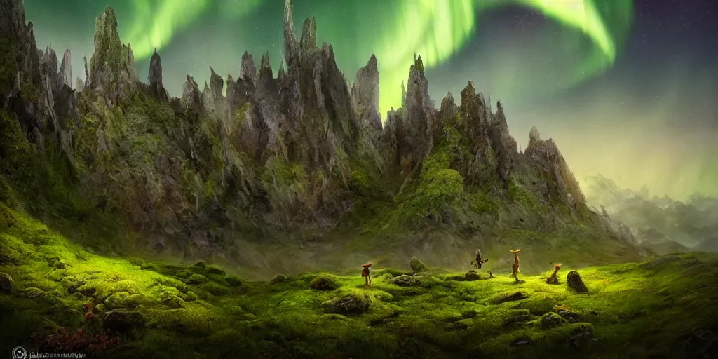 Image similar to fairyland scenery landscape, lord of the rings, aurora borealis, mist, monoliths, flowers, mushroom structures, moss highly detailed, vivid color, perfect lighting, perfect composition, 8 k, brian froud, artgerm, derek zabrocki, greg rutkowski